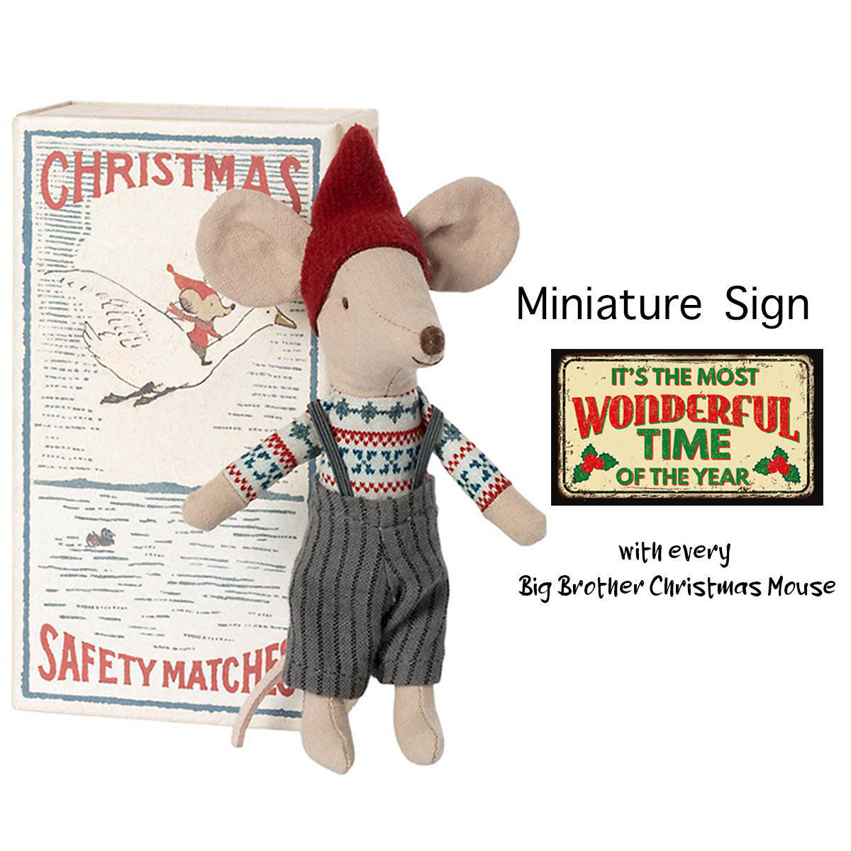 Maileg Christmas Mouse, Big Brother & Handmade Miniature Sign