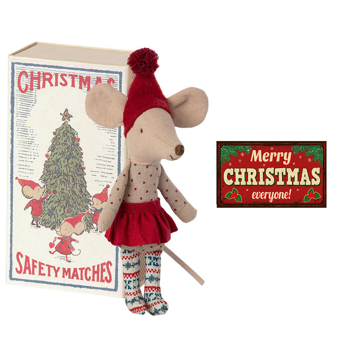 Maileg Christmas Mouse, Big Sister & Handmade Miniature Sign - RARE & RETIRED