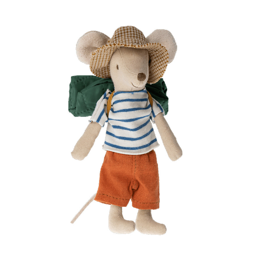 maileg big brother summer hiking mouse in a stripe top and orange shorts, carrying a sleeping bag