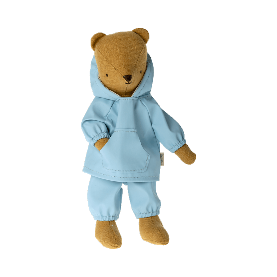 maileg teddy junior in his pale blue rainwear