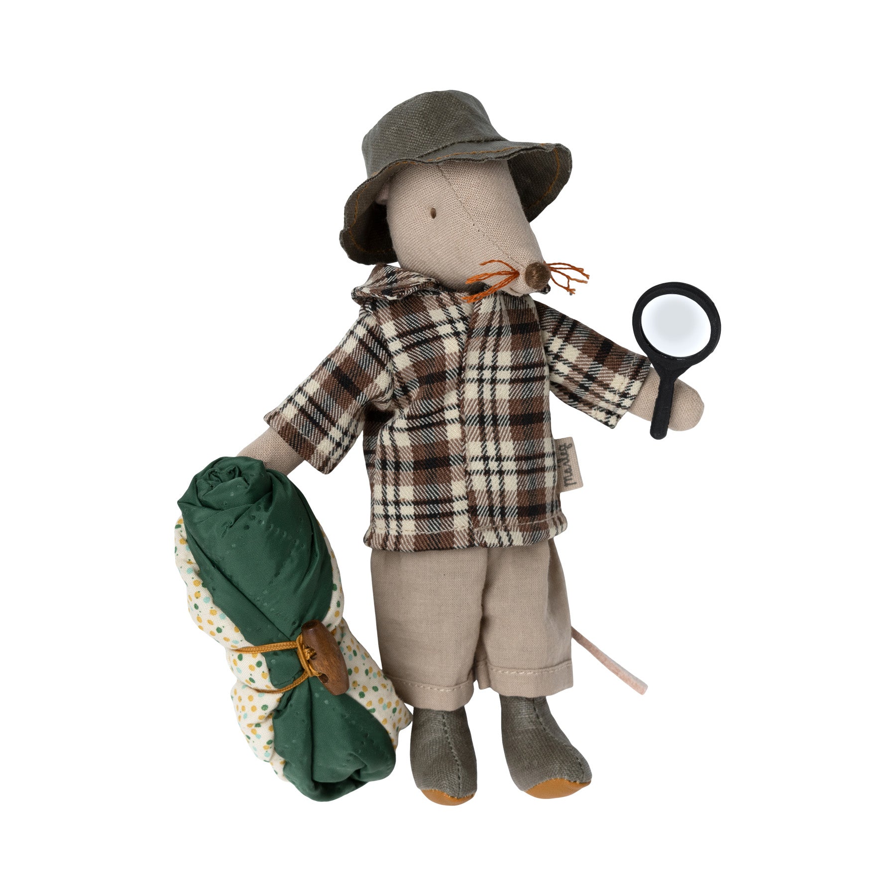 maileg guide mouse is holding a magnifying glass and sleeping bag and dressed in a check shirt.