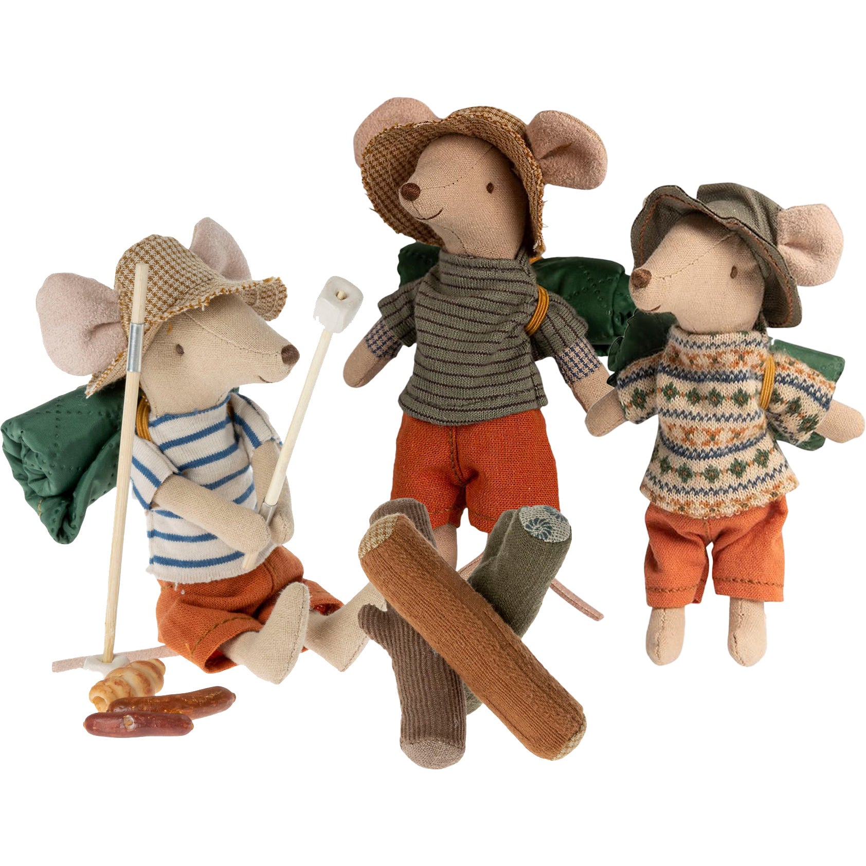 maileg fabric camping bonfire set with 3 big brother mice soft toys toasting marshmallows