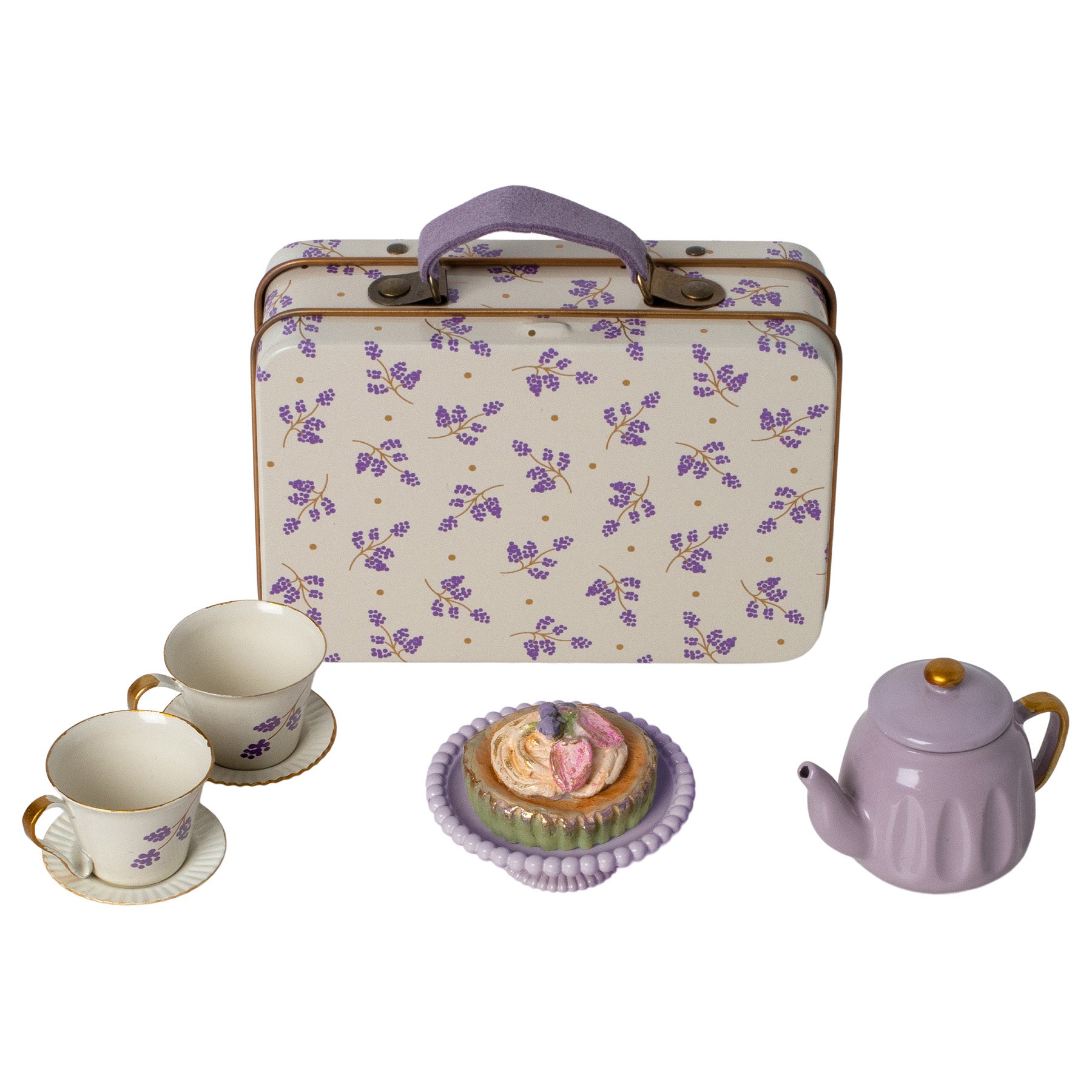 maileg miniature cream suitcase with a purple print, containing a tea set and cakes