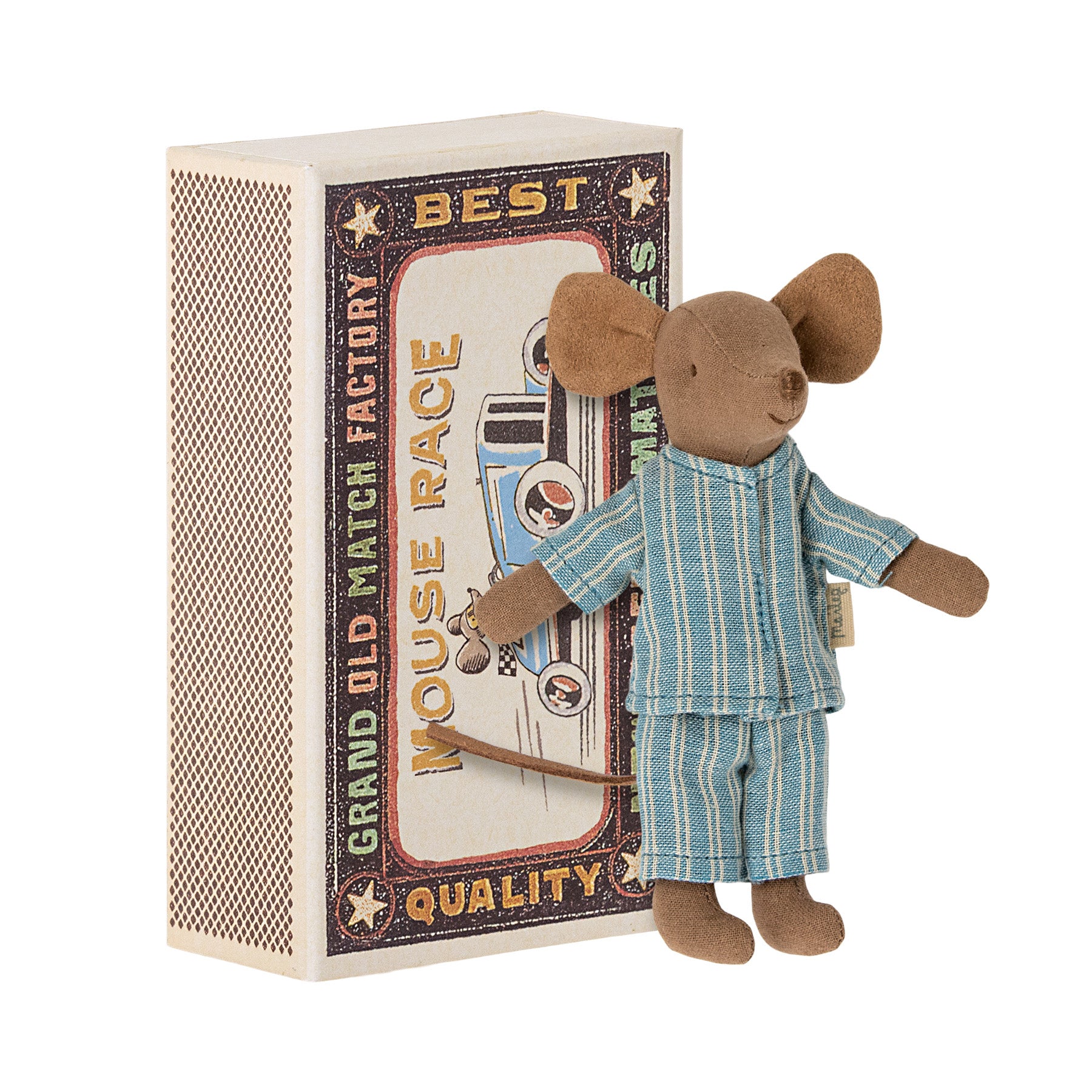 maileg big brother mouse in Pyjamas standing next to his vintage matchbox