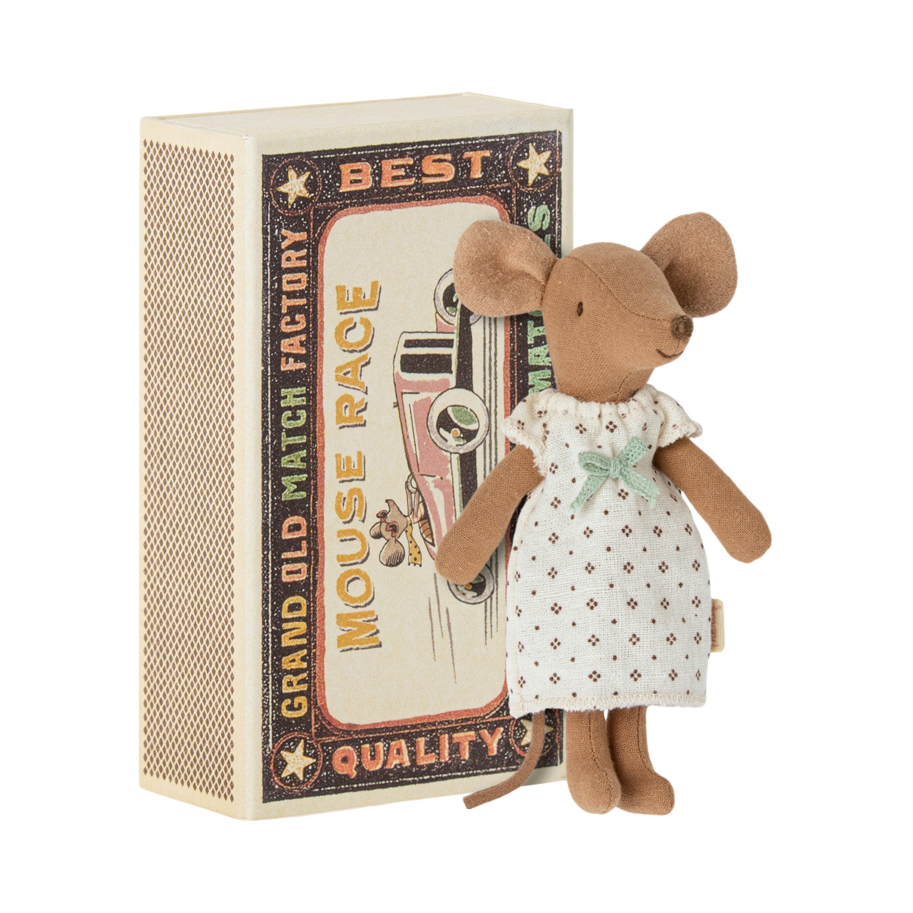 maileg vintage style matchbox with a darker skin tone mouse in a white patterened dress