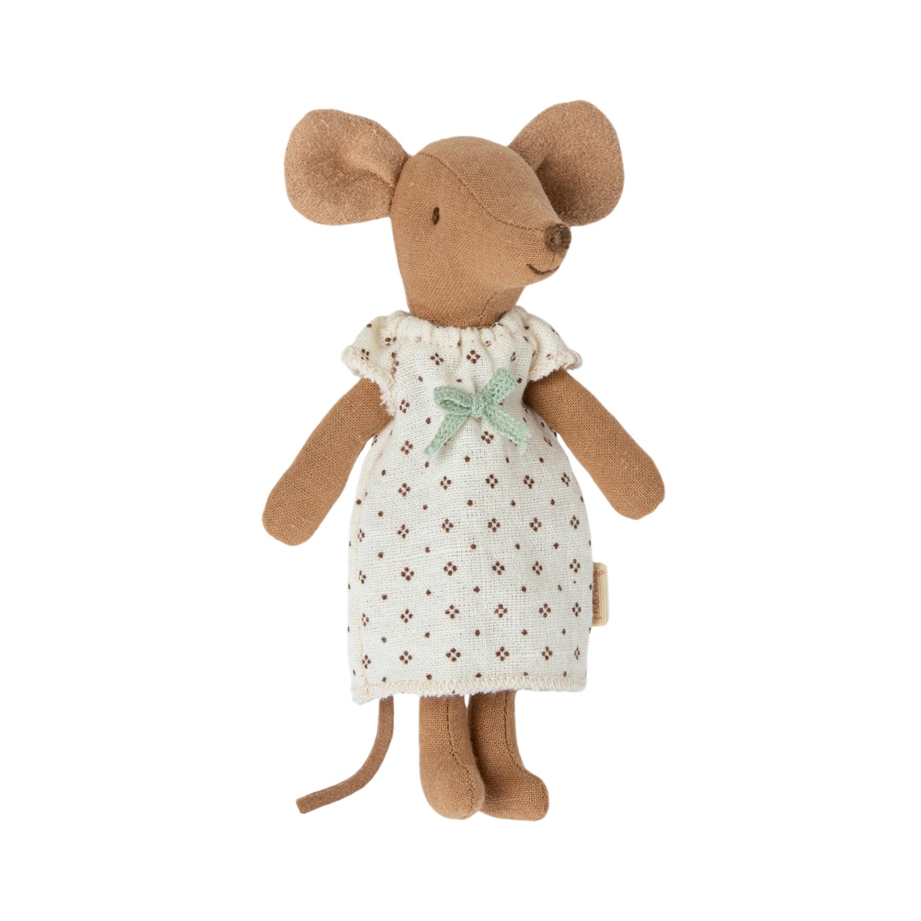 maileg big sister mouse with a darker skin tone in a white patterened dress
