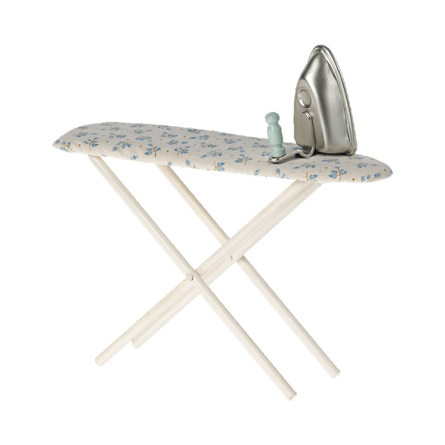 maileg ironing board with a blue flower pattern cover and silver iron