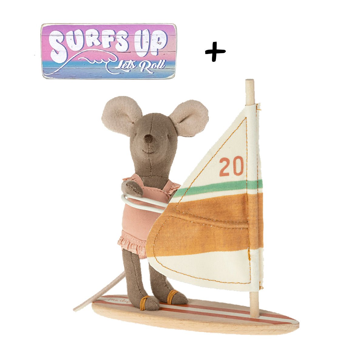 Maileg Beach Mice, Surfer Little Sister + Wooden Sign - I Want That Present