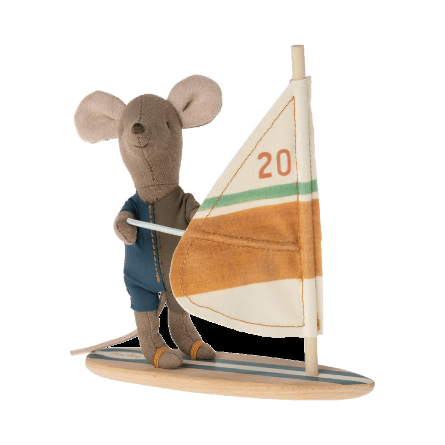 maileg little brother surfer mouse with blue swimsuit standing on windsurf board