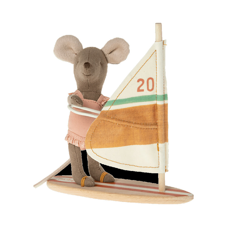 maileg little sister surfer mouse with pink swimsuit standing on windsurf board