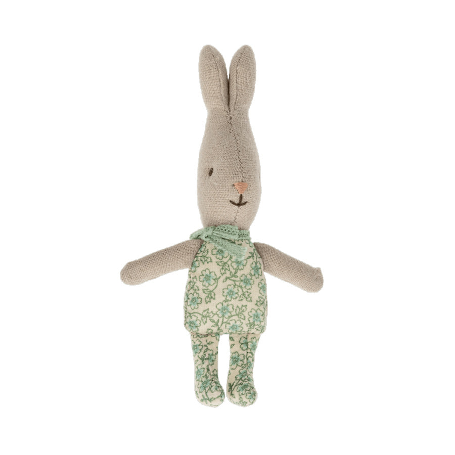 maileg 11cm my baby boy rabbit with a green floral body and green neck bow