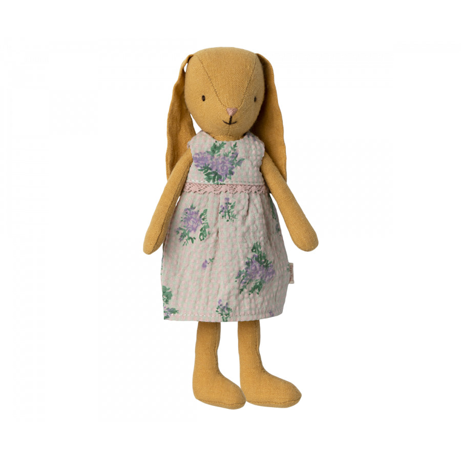 maileg yellow bunny with floppy ears in a floral dress