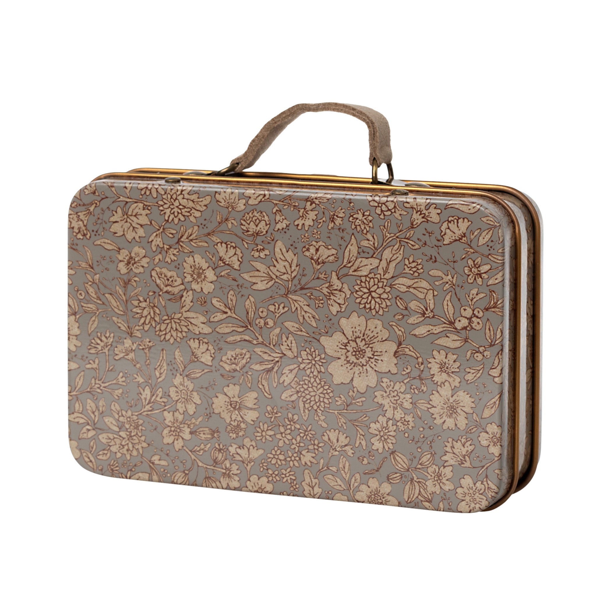 small grey metal case with a floral design and faux leather handle by Maileg