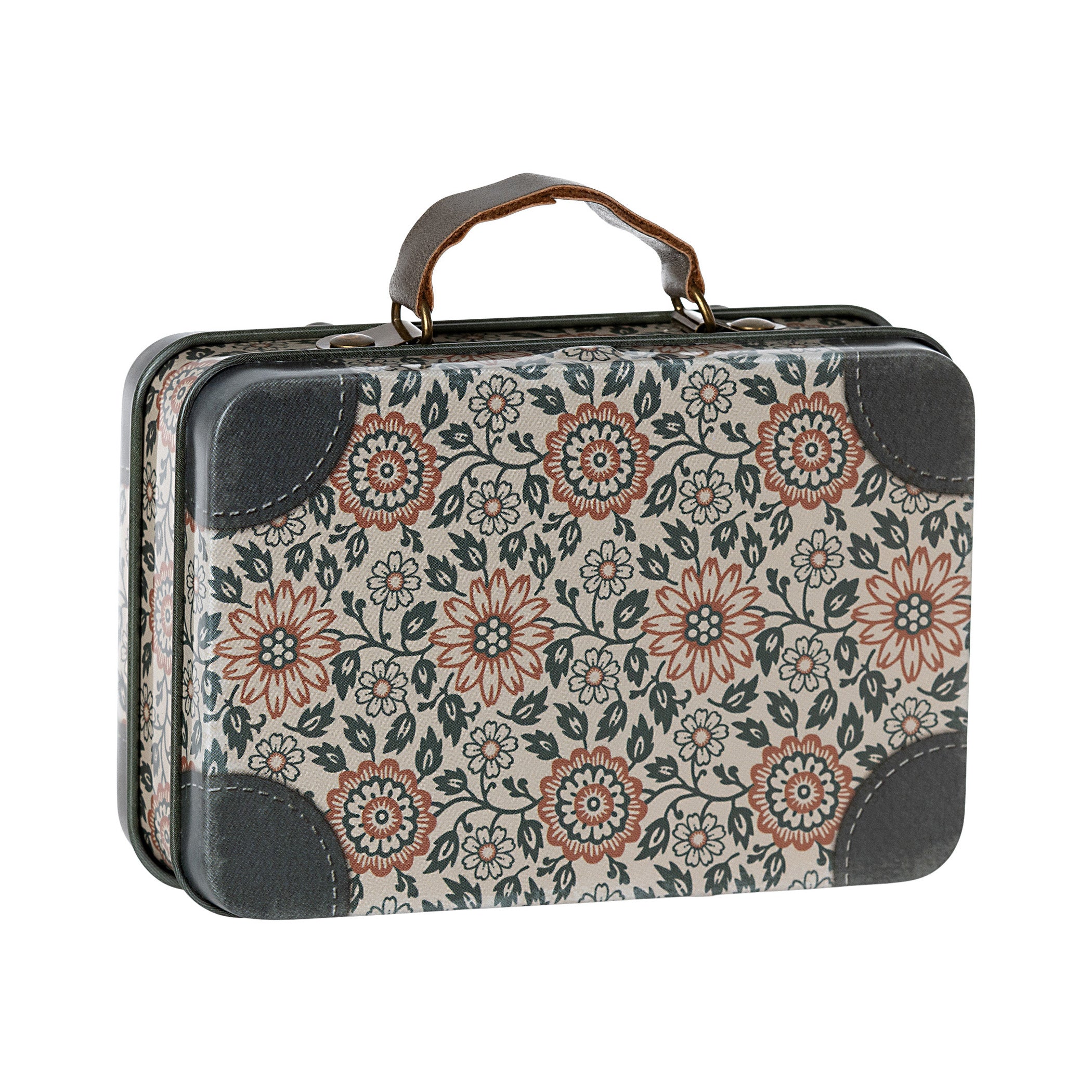 small metal suitcase with a floral design and faux leather handle by maileg