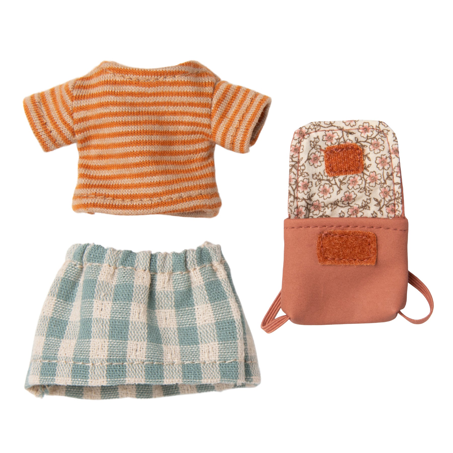 maileg mouse clothes - orange stripe jumper, check skirt and coral rucksack. These accessories are suitable for big sister mice