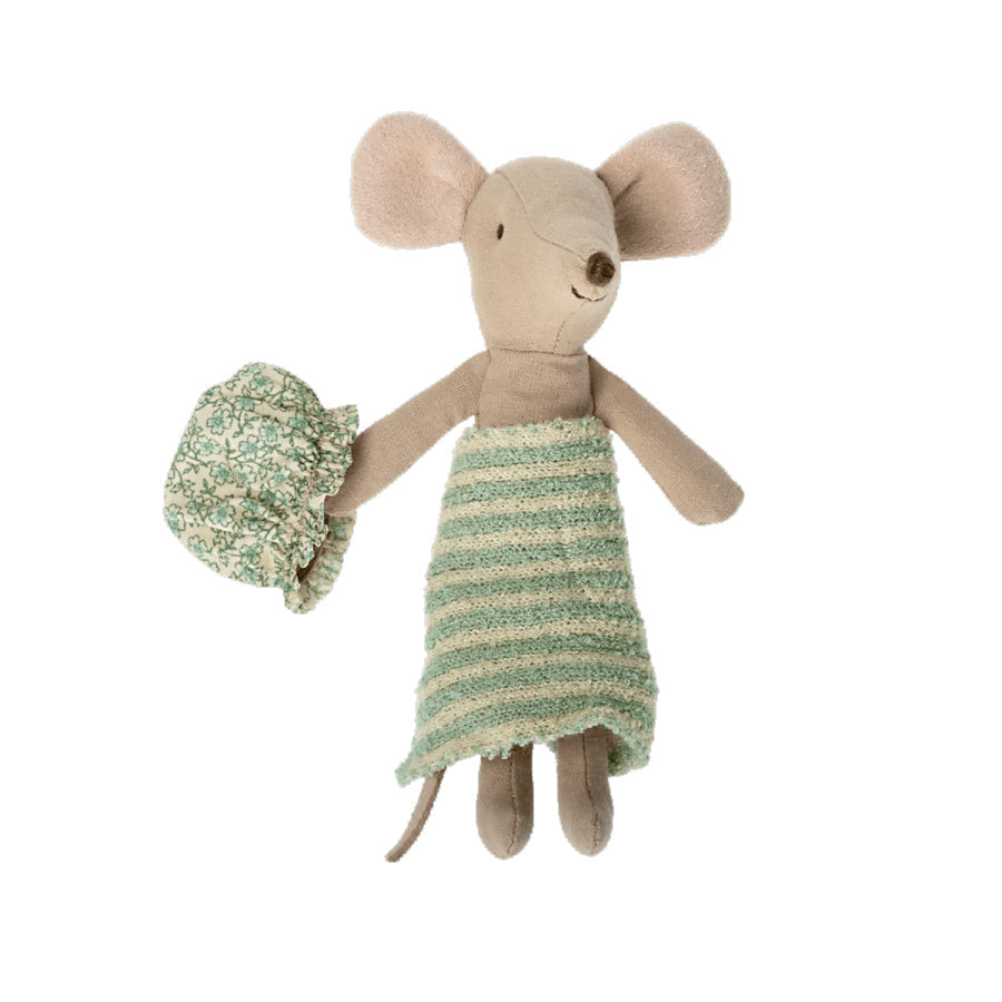 Maileg mouse soft toy mouse wrapped in a bath towel holding a shower cap