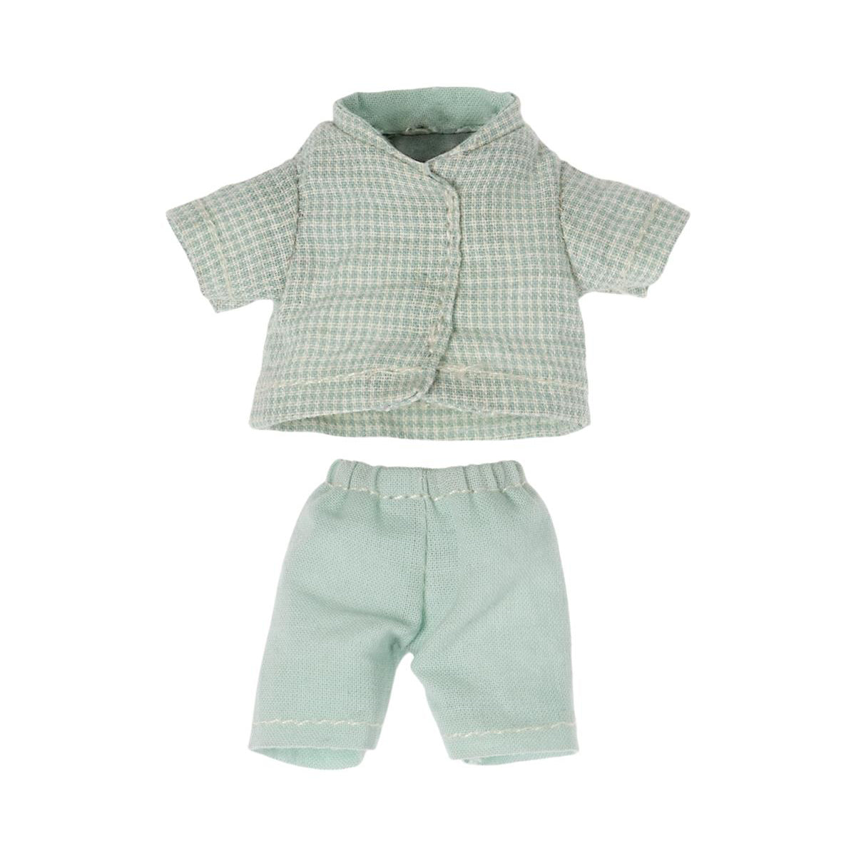 tiny maileg little Mouse pale blue pyjamas, with a check top and plain trousers