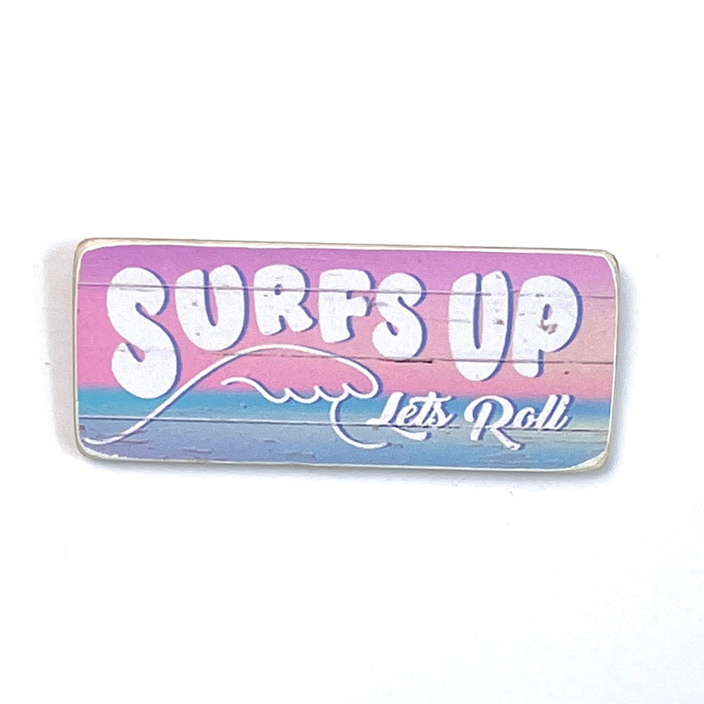 miniature wooden dolls house sign - surfs up (pink)