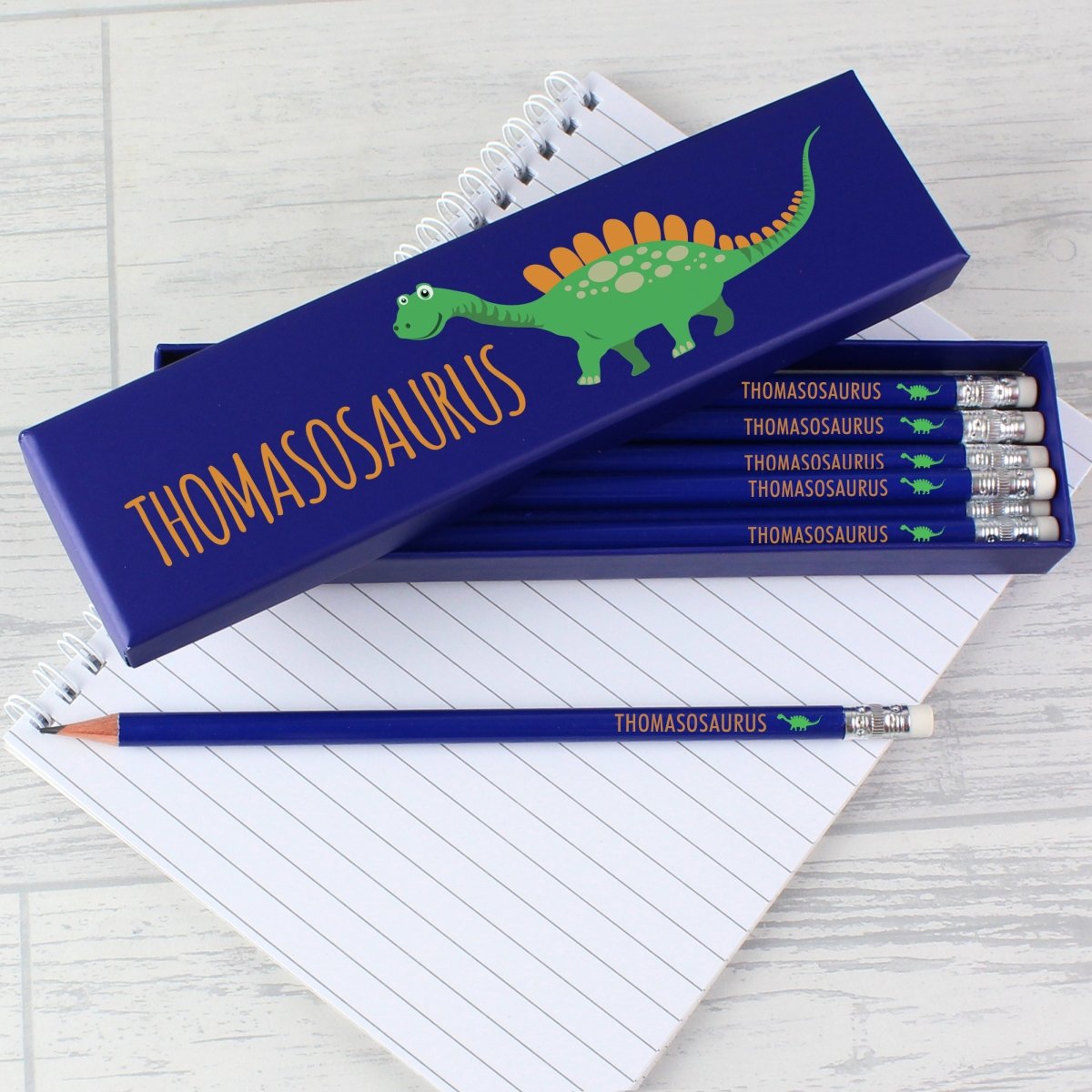 Personalised Dinosaur Box of 12 Blue HB Pencils - I Want That Present