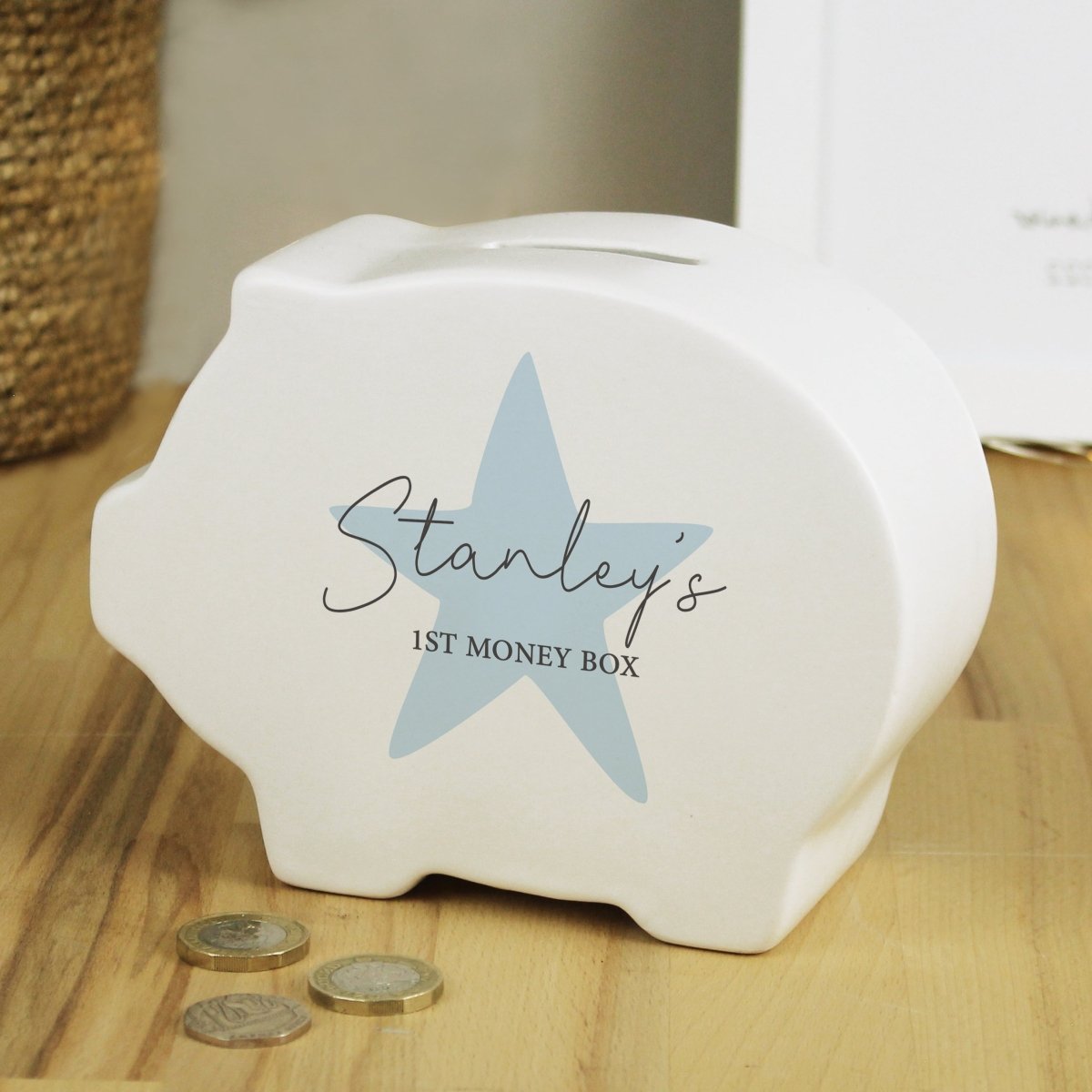 Personalised Blue Heart Piggy Bank - I Want That Present