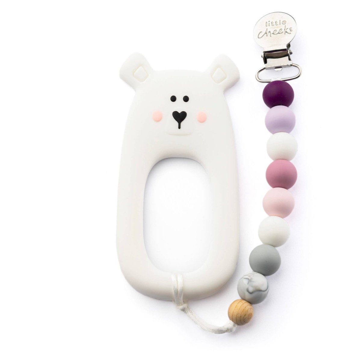 Little Cheeks White Bear Silicone Teether & Clip - I Want That Present